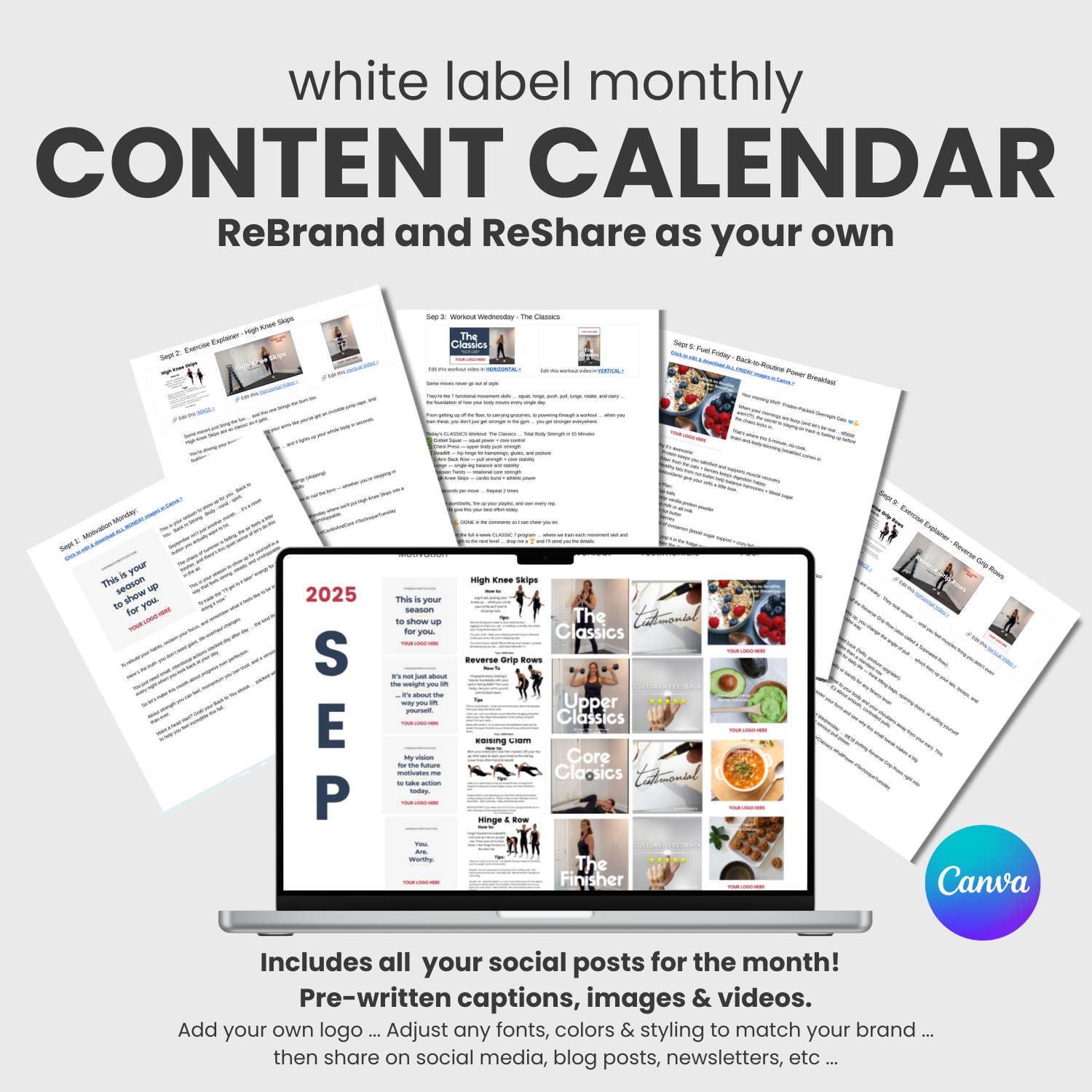White label workouts content calendar for September 2025